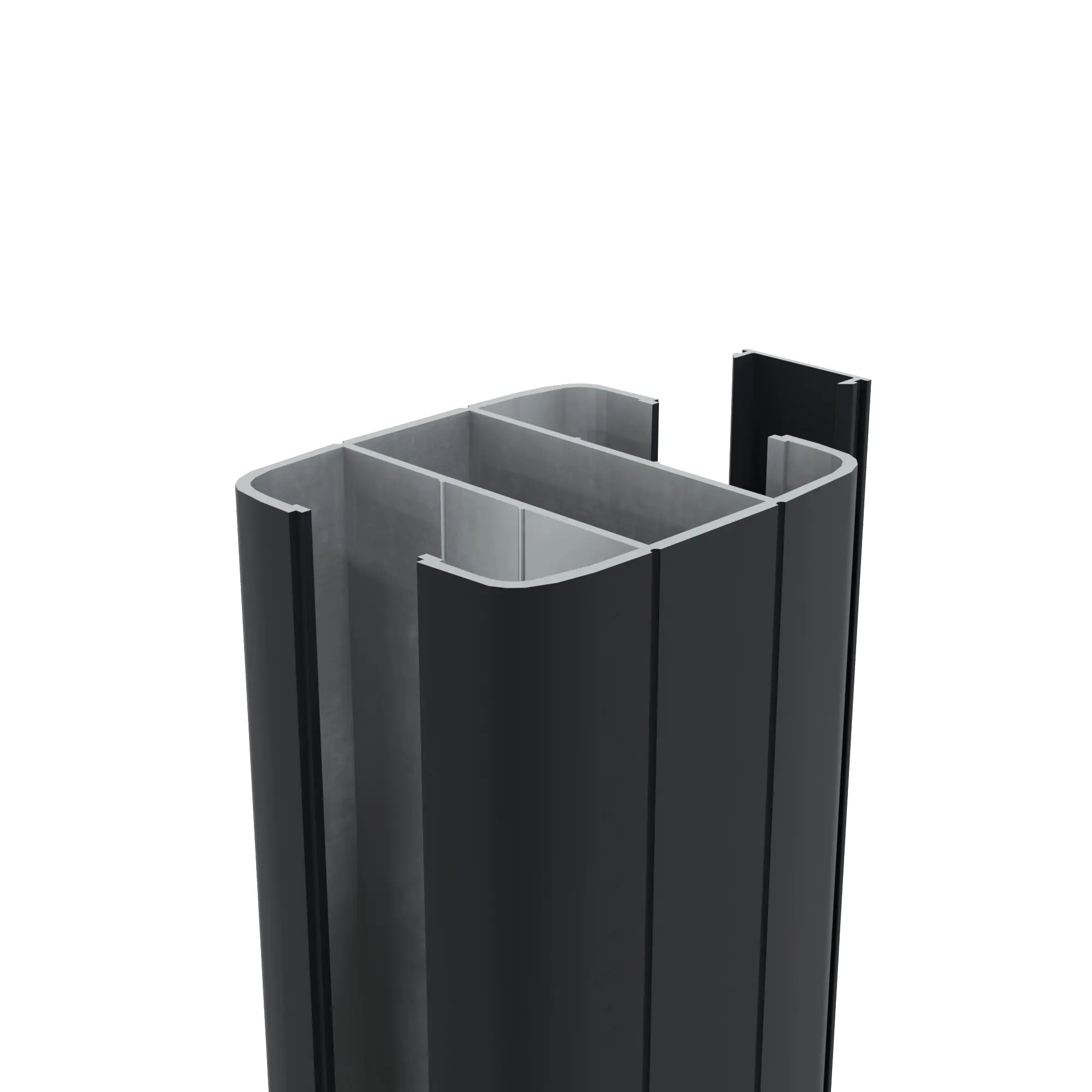 Rechteckiges schwarzes Aluminiumprofil mit innerer Trennwand, abgerundeten Kanten, Referenz 40x20 mm, weiß hinterlegt und isoliert.