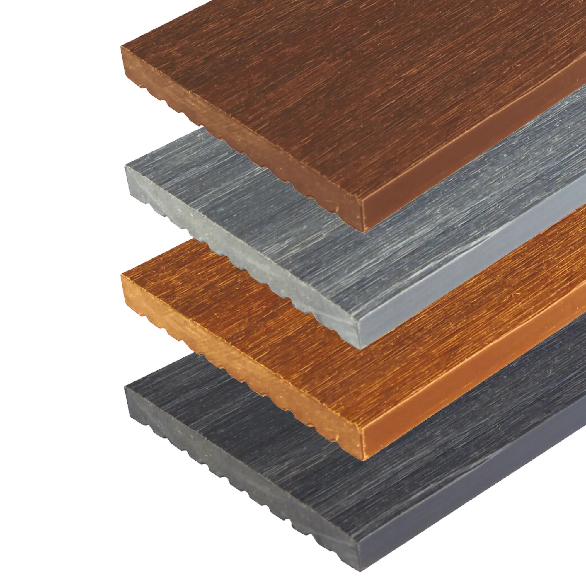 Quatre lames de terrasse composite empilées en diagonale, coloris marron, gris, orange et anthracite, rainurées dessous.