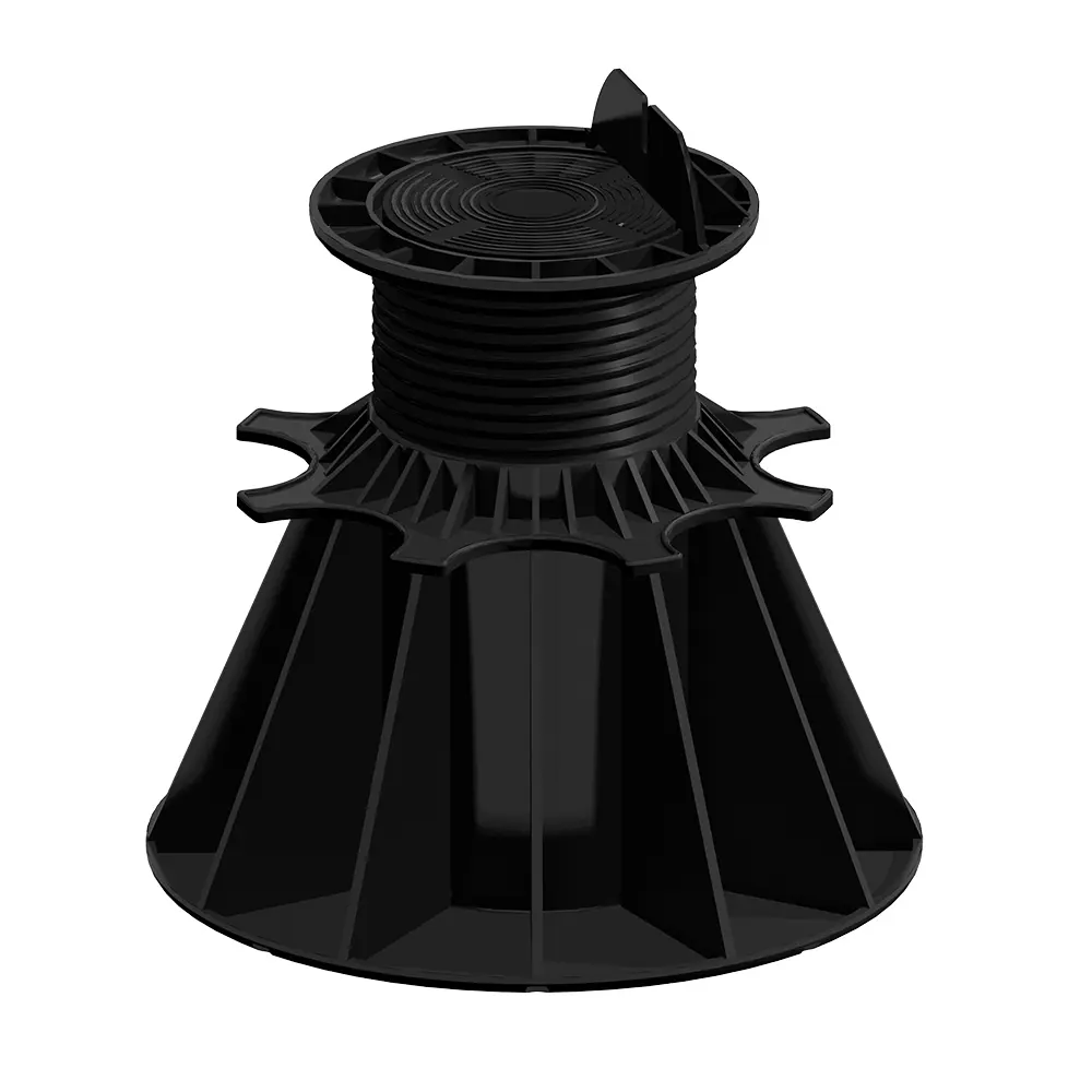 Socle réglable noir à large base et centre fileté, en plastique, compatible systèmes de plancher surélevé. Référence lisible : M41.