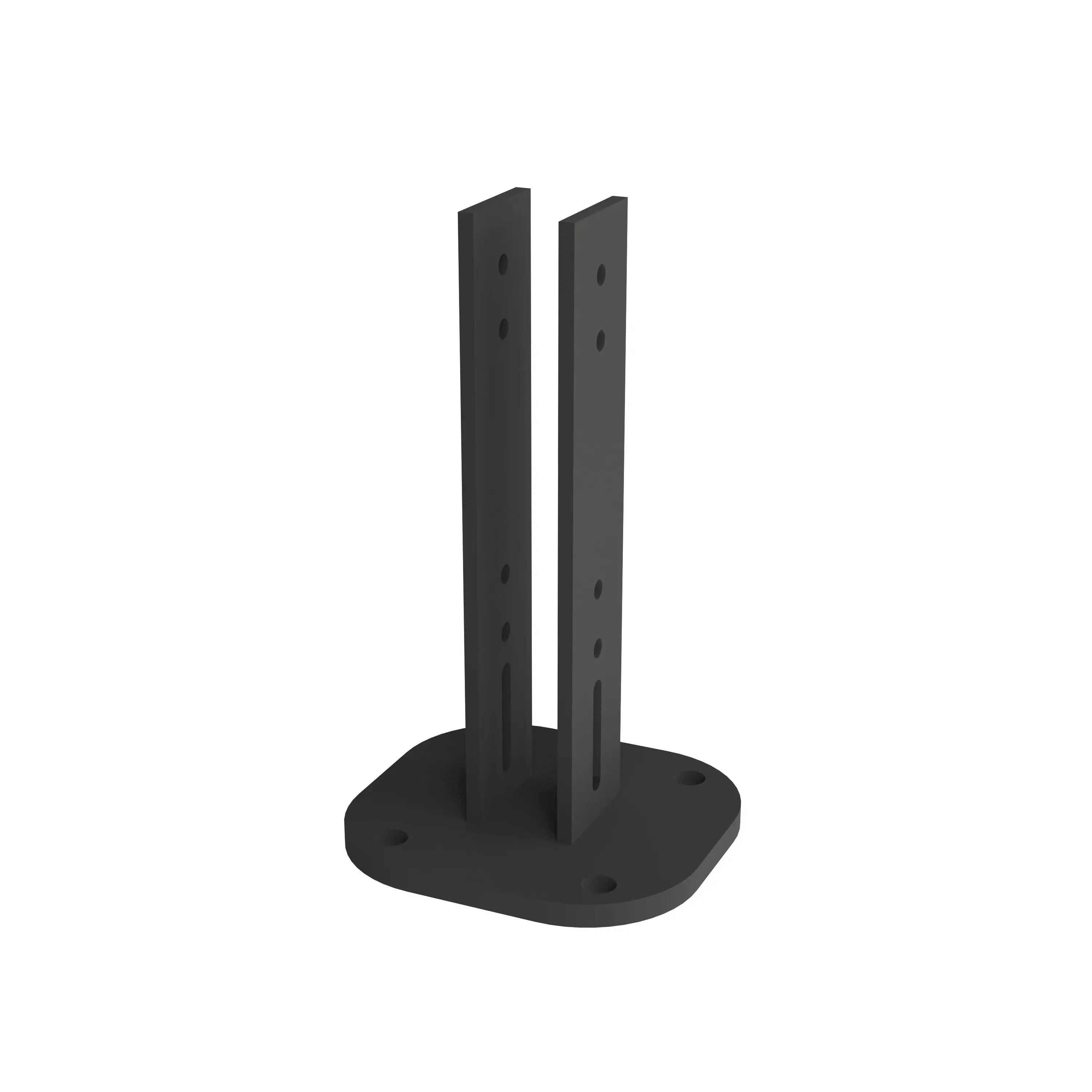 Support équerre en métal noir, base plate, deux bras parallèles verticaux à fentes et trous de fixation, aucun marquage visible.