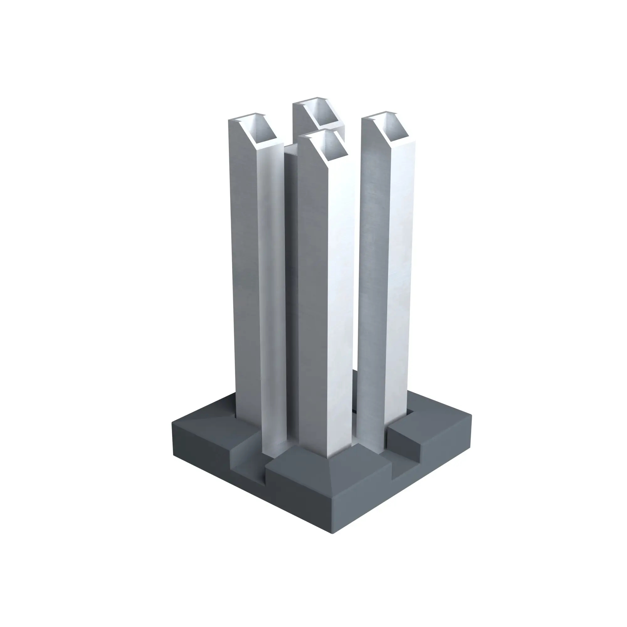 Quatre piliers rectangulaires en métal, montés sur une base carrée gris foncé, sommet incliné en biais. Référence non visible.