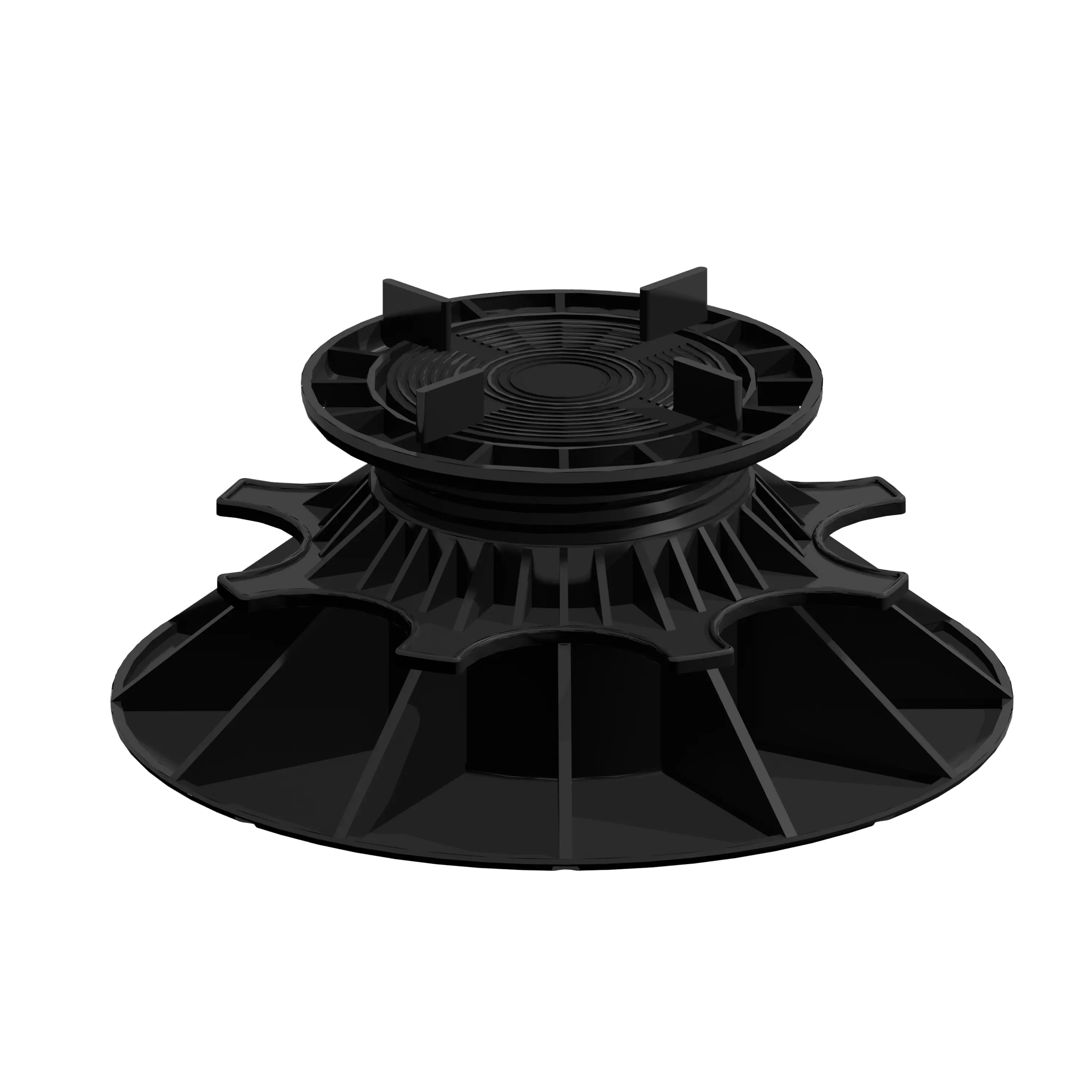 Plot réglable noir, base large et plate, dessus circulaire, type M41, diamètre 150 mm, plastique résistant, compatible supports de terrasse.