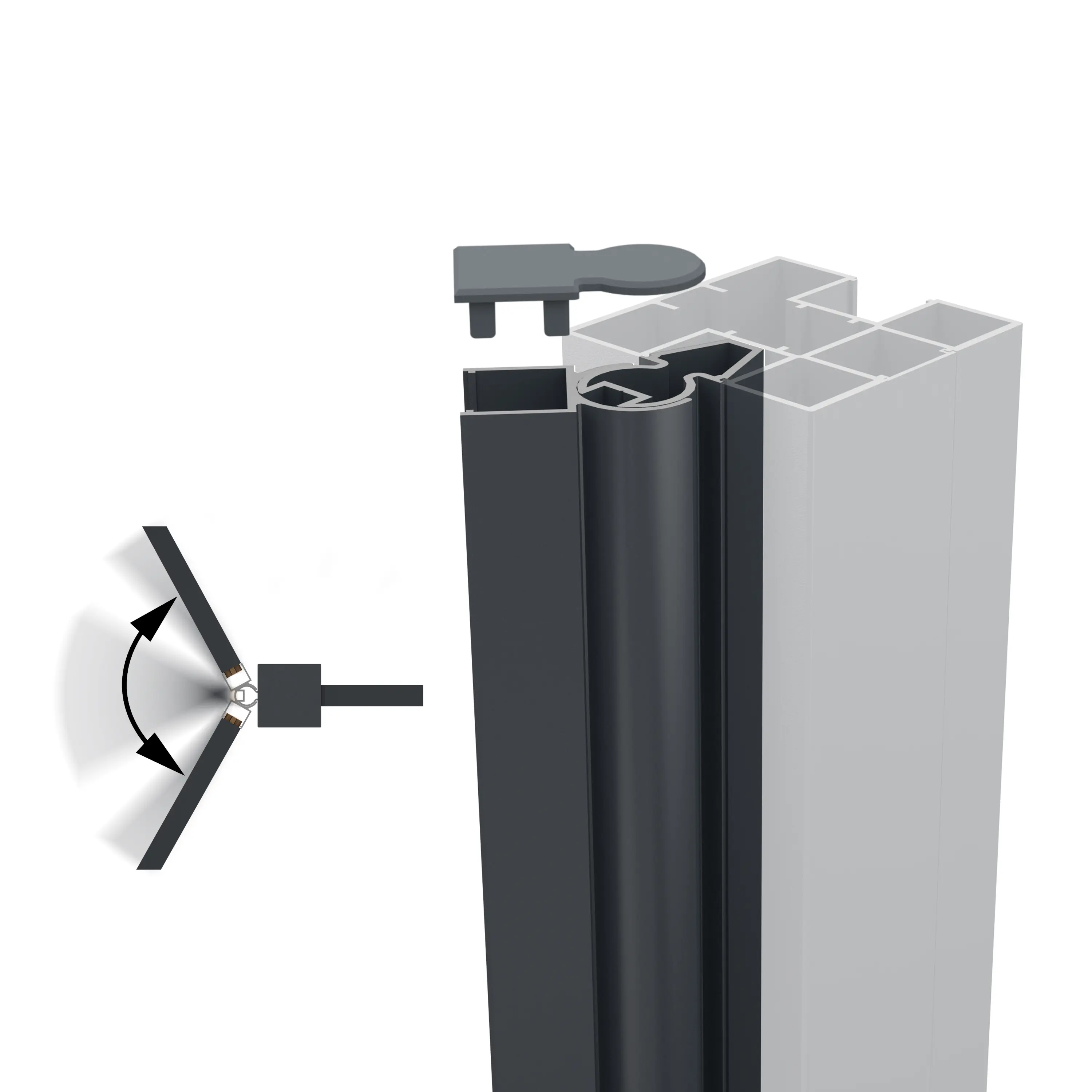 Profil de porte ou fenêtre en coupe, modèle M41, aluminium gris, diamètre 40 mm, insert réglable mis en évidence avec schéma de rotation.