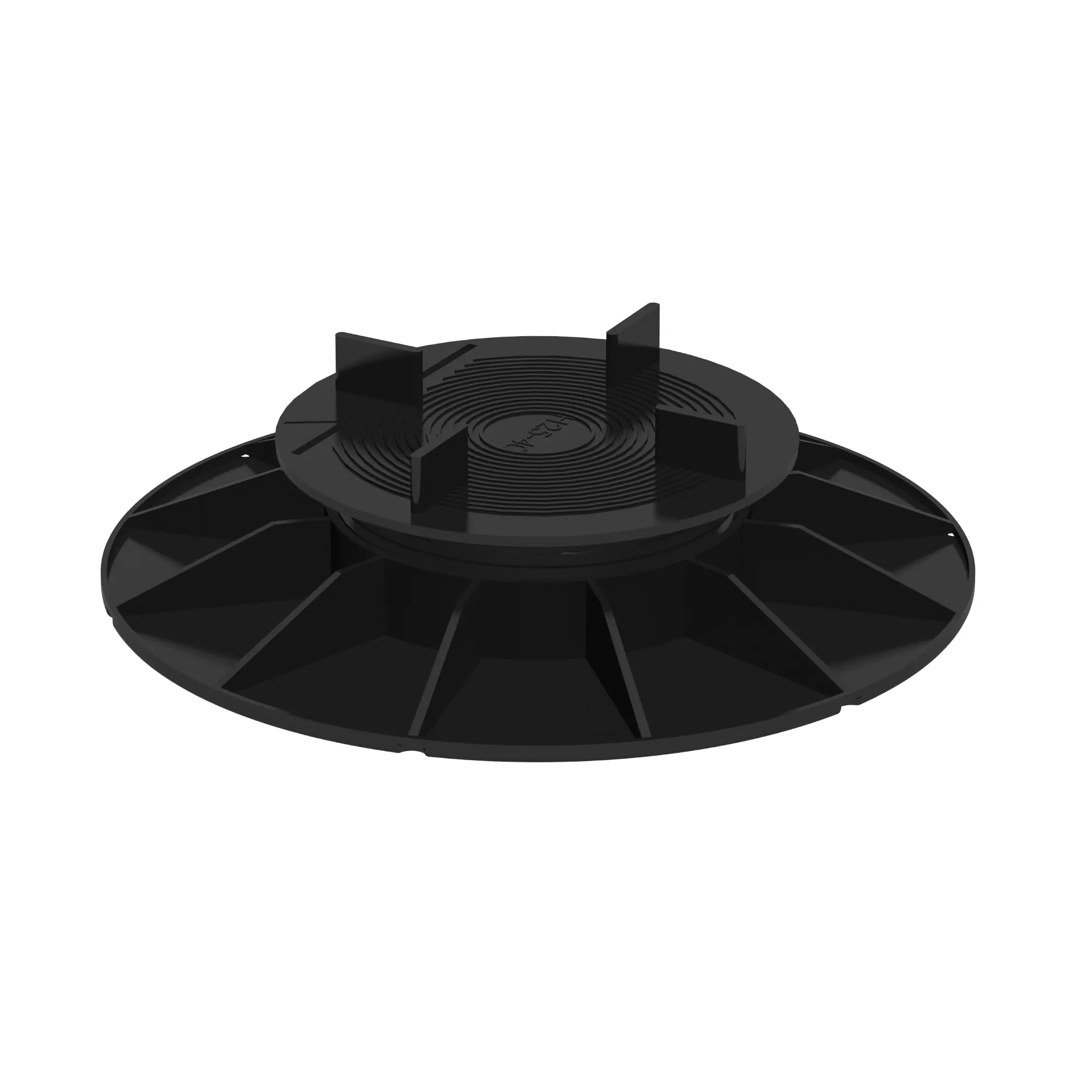 Support plastique circulaire noir à large base, 4 ailettes verticales sur la plateforme. Fond blanc uni. Référence/diamètre non visible.