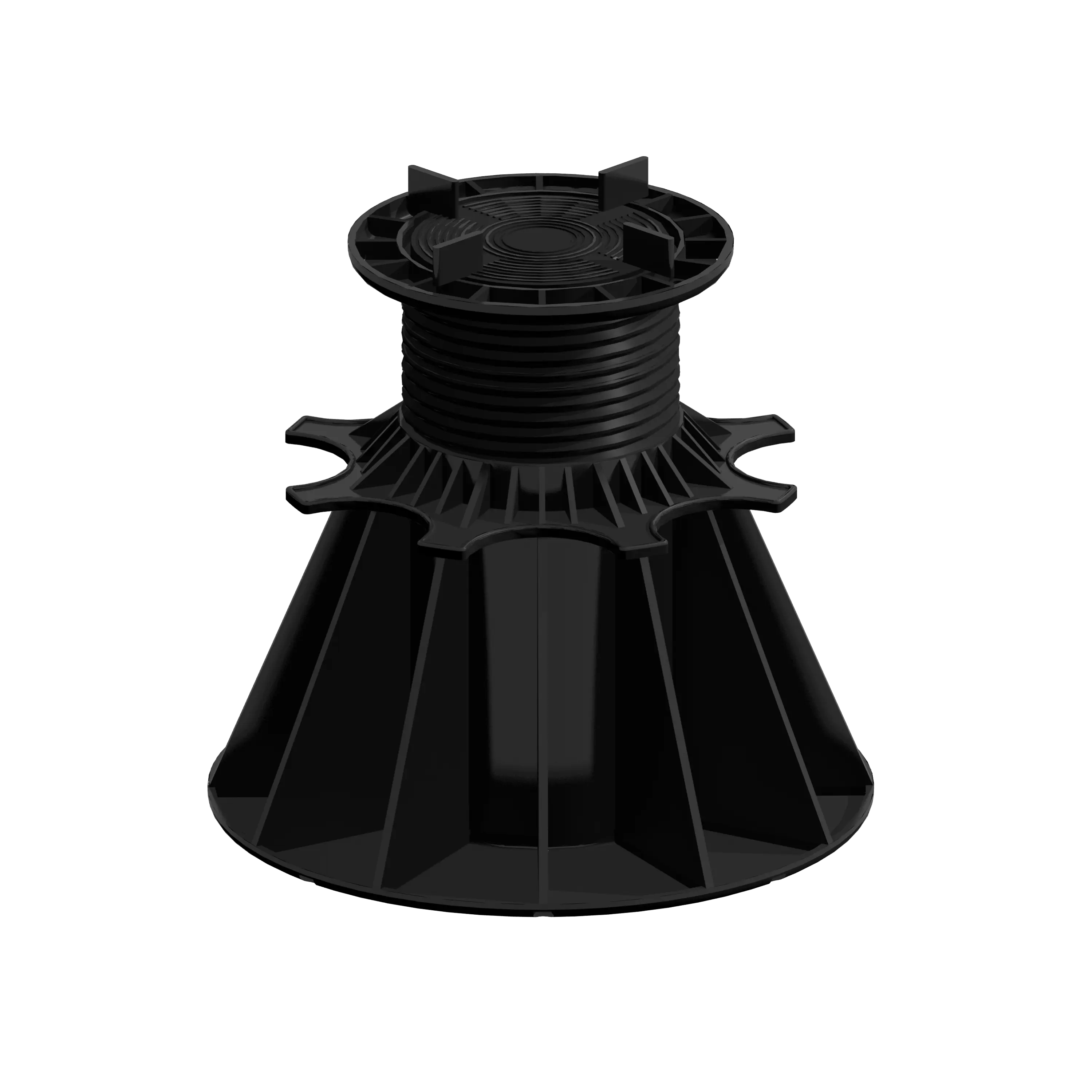 Plot NIVO H140-230mm Dalles, support plastique noir réglable avec large base et colonne filetée, diamètre et marque lisibles sur la pièce.