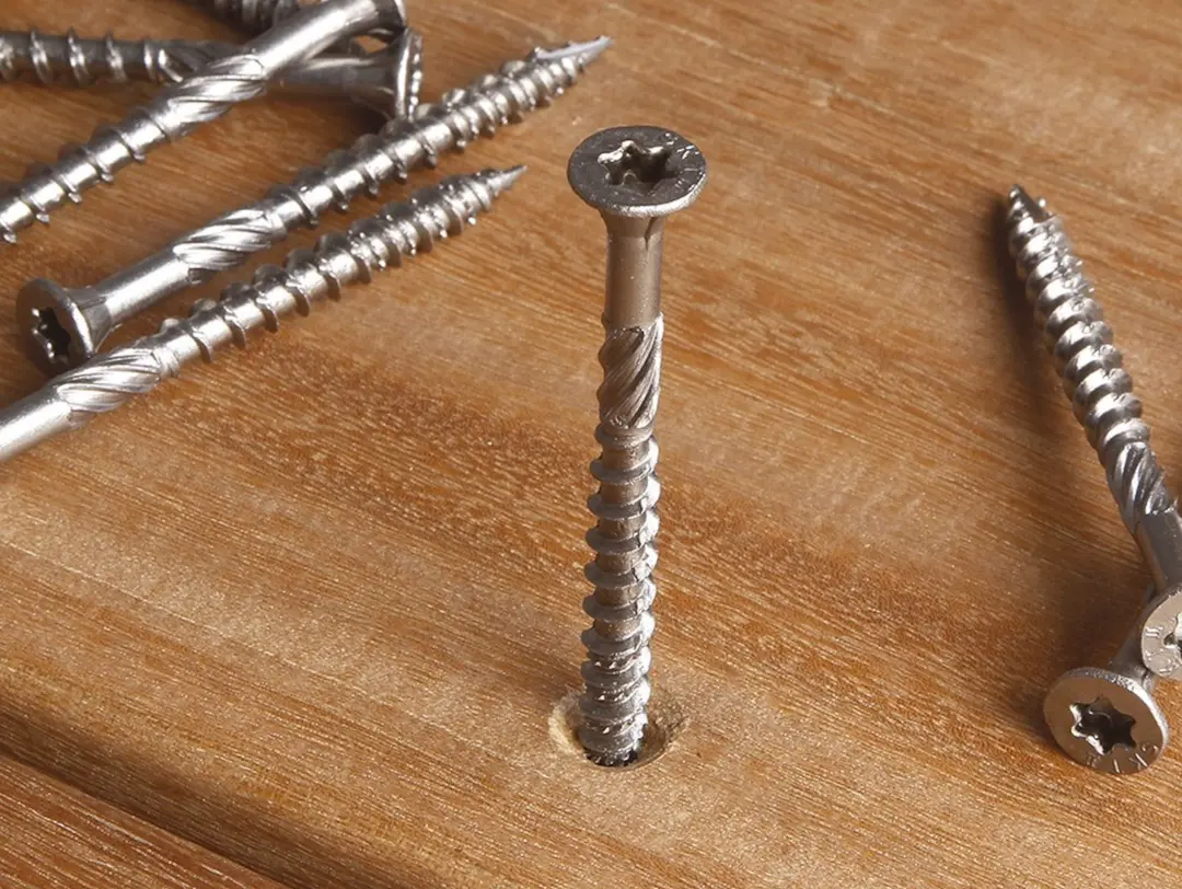 Vis Cobra Inox 5x60mm posée debout dans un trou de bois partiellement percé, autres vis identiques à proximité.