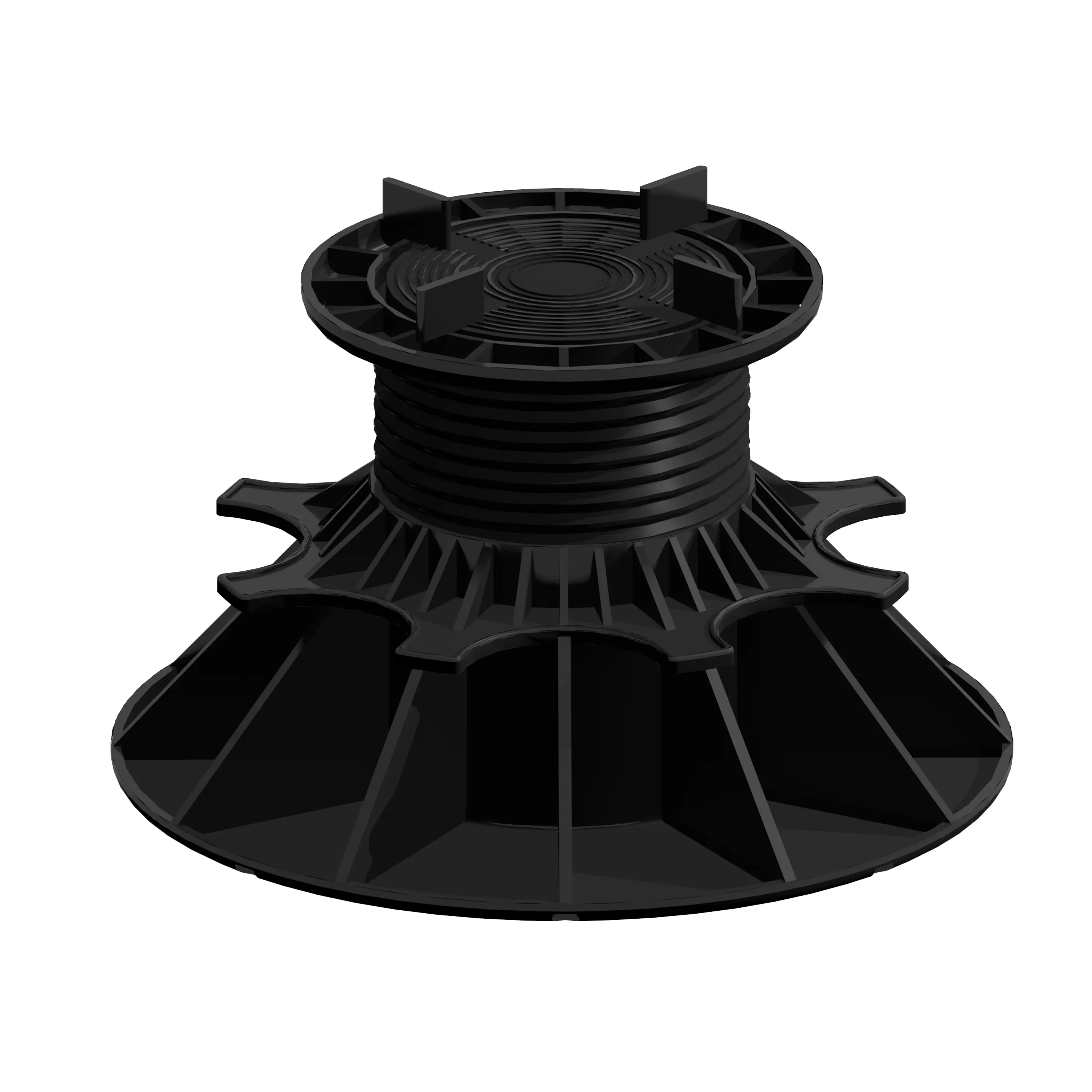 Plotter réglable noir en plastique avec tige filetée et large base, type support surélevé pour plancher ou terrasse, diamètre et référence non lisibles.