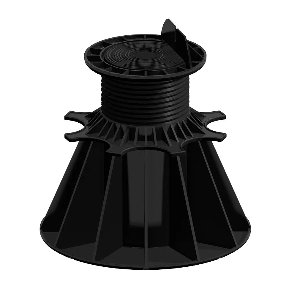 Plot NIVO H140-230mm Lambourde, socle plastique noir réglable à large base avec colonne filetée, pour support de lambourdes de terrasse.