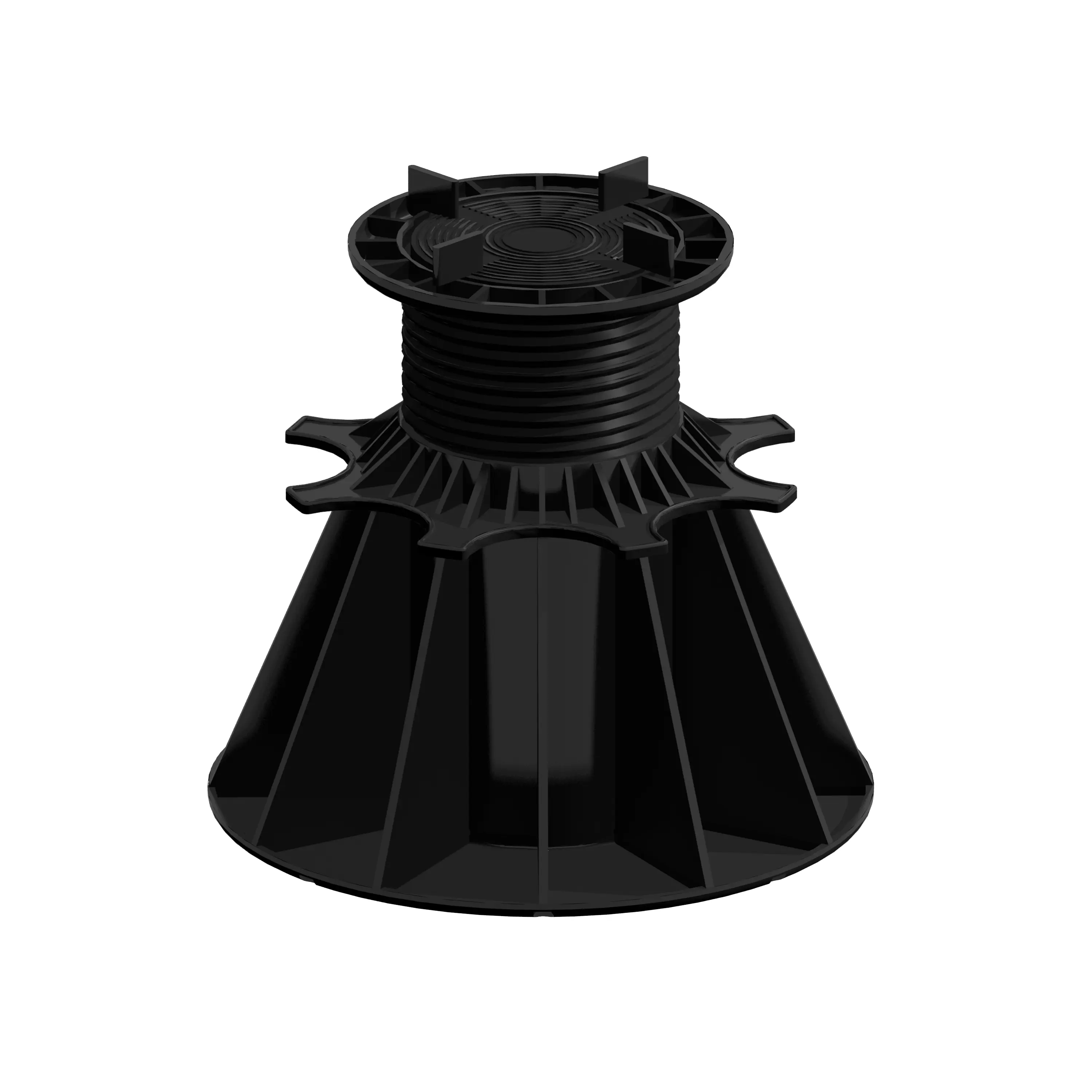 Plot réglable noir en plastique, large base circulaire, filetage sur le dessus ; diamètre et référence non lisibles ; usage : support de plancher technique.