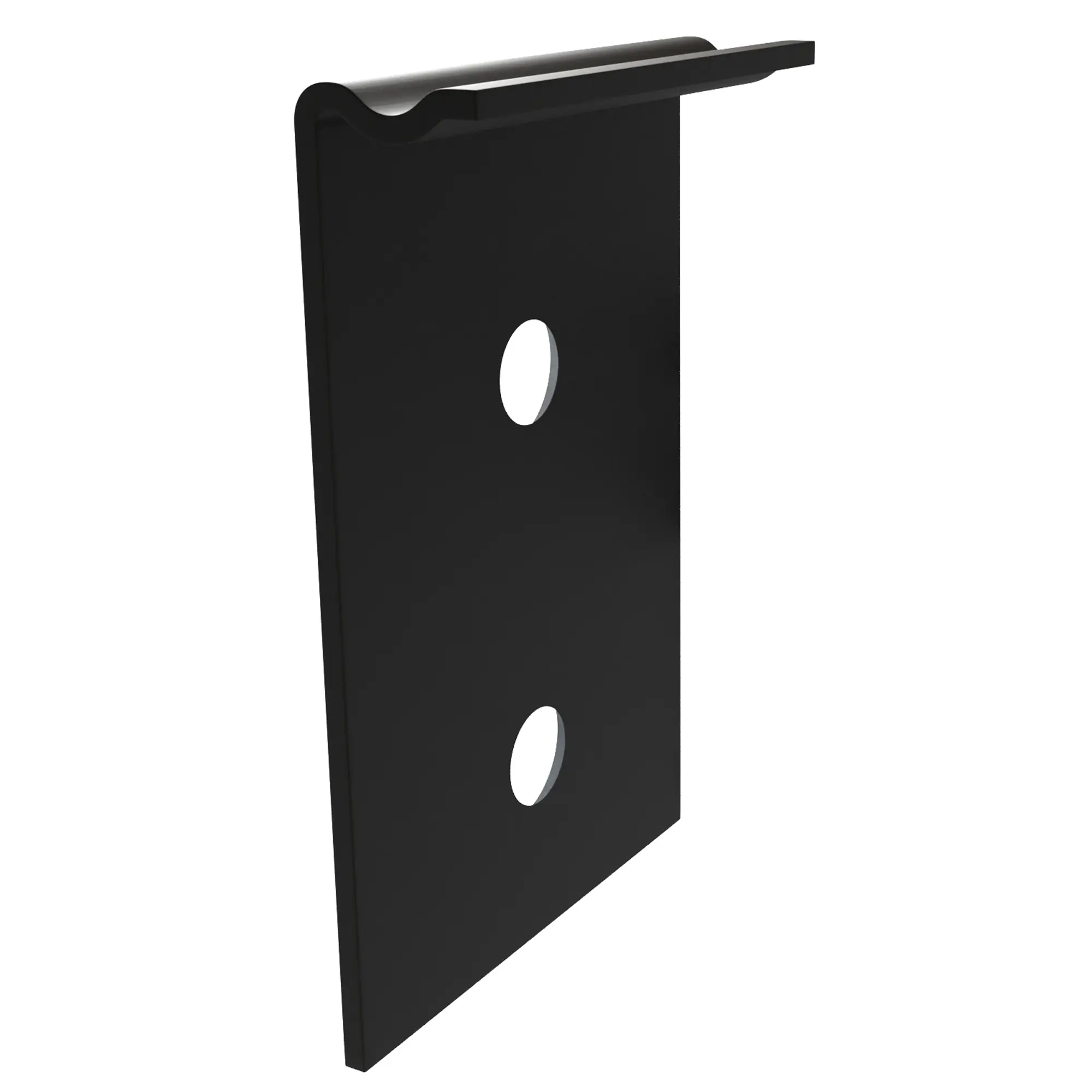 Support en métal noir type équerre, avec deux trous circulaires de fixation et une petite lèvre horizontale en haut, fond blanc neutre.