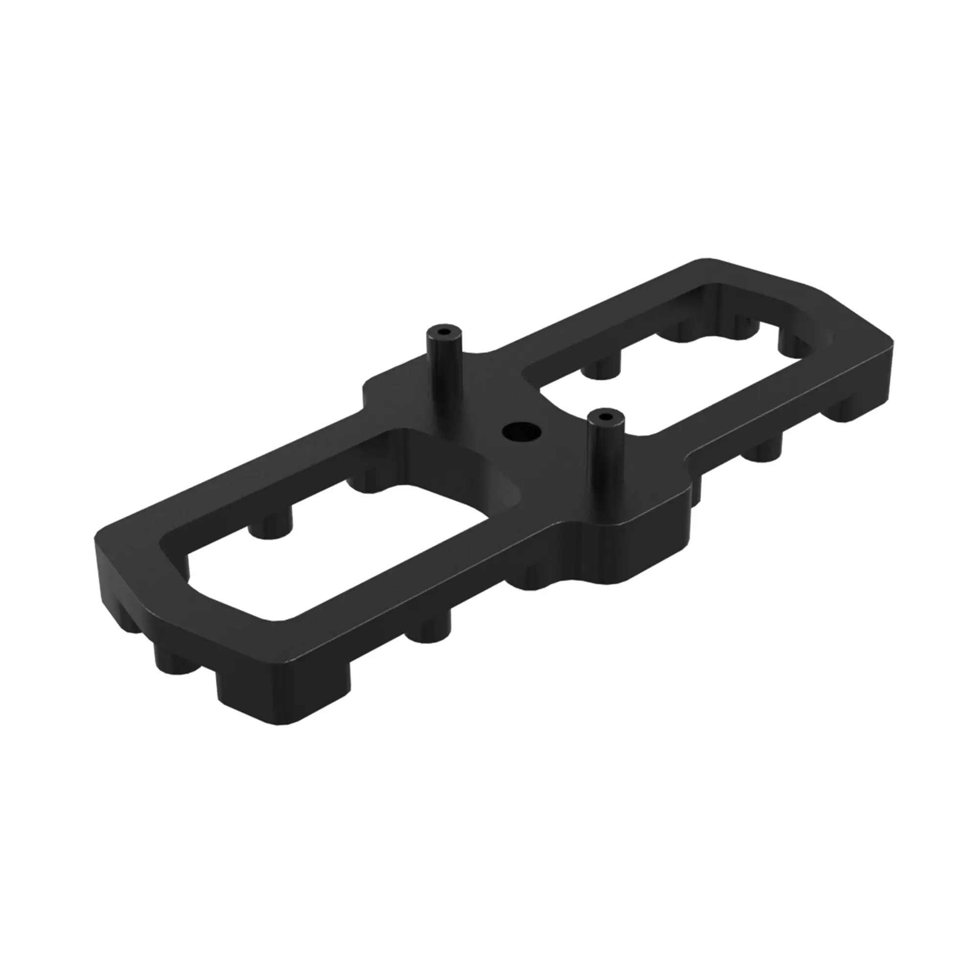 Support de fixation rectangulaire noir en plastique ou métal, avec découpes et plots cylindriques, posé sur fond blanc neutre. Référence/standard non visible.