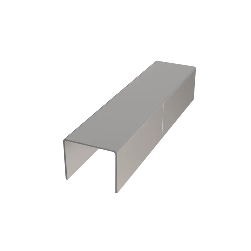 Banc en métal gris clair rectangulaire à deux pieds droits et plateau plat, posé sur un sol blanc uni ; référence ou marque non visible.