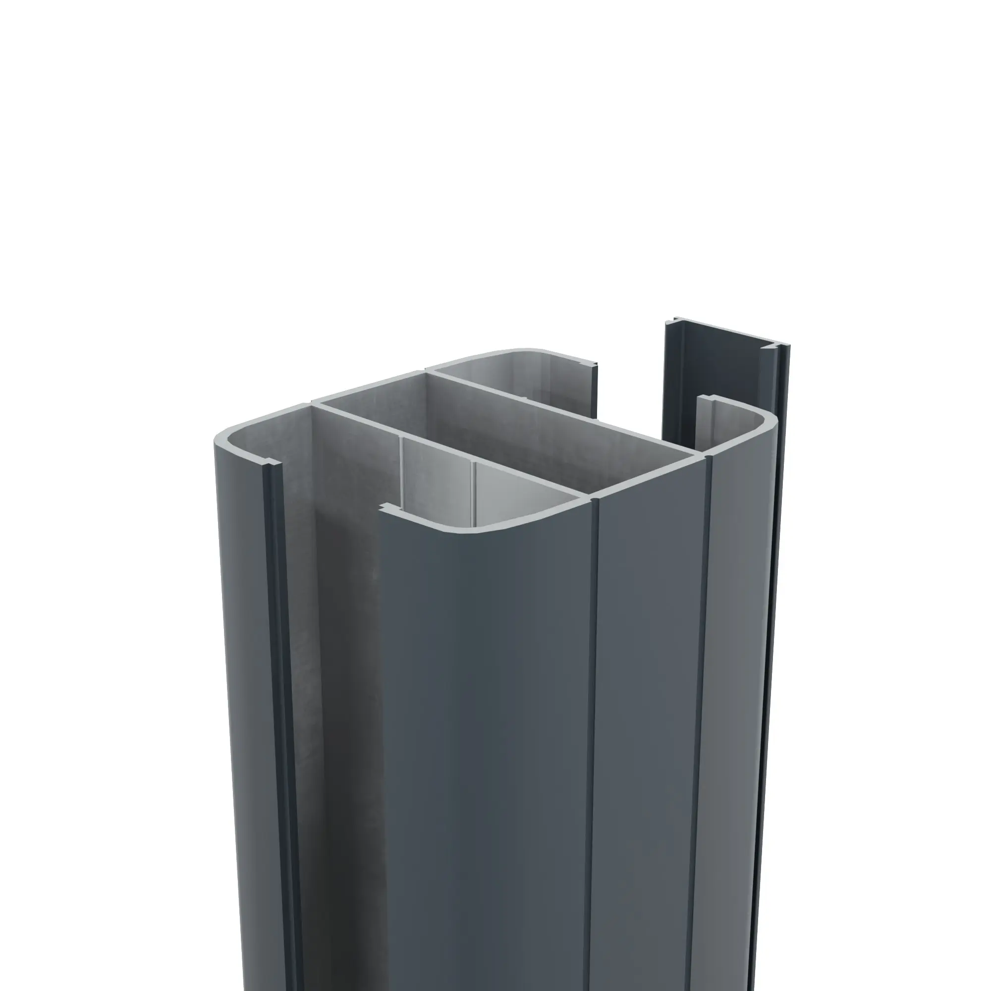 Dunkelgraues U-förmiges Metallprofil mit silberner Innenbeschichtung, Material und Norm nicht angegeben, dargestellt auf weißem Hintergrund ohne weitere sichtbare Referenzen.